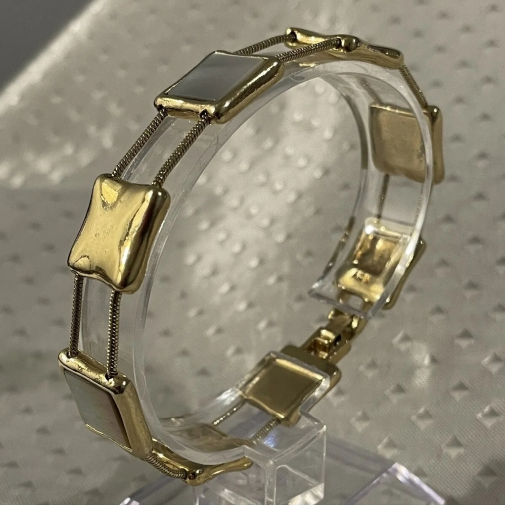 Vintage Anne Klein Gold Tone Mother of Pearl Panel Bracelet!